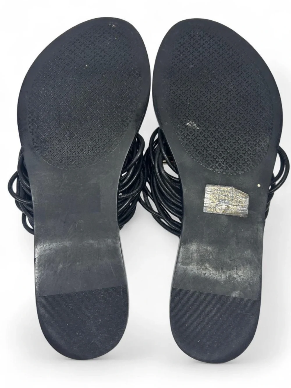 Tory Burch Mignon Rings Strappy Toe-Ring Flat Sandals, smooth black leather. 7